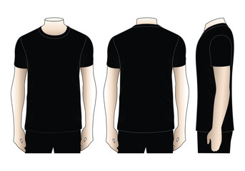 Blank Black Short Sleeve T-Shirt Template on White Background.Front, Back and Side View, Vector File.