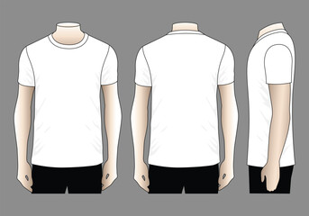 Blank White Short Sleeve T-Shirt Template on Gray Background. Front, Back and Side Views, Vector File.