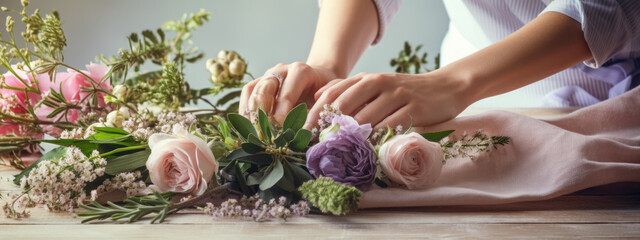 Cropped view of florist hands making flower bouquet on table surface - Powered by Adobe
