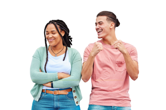 Happy, laughing and interracial couple being funny together isolated on a transparent png background. Comic, smile and dancing man with a black woman with arms crossed and pride after a fight