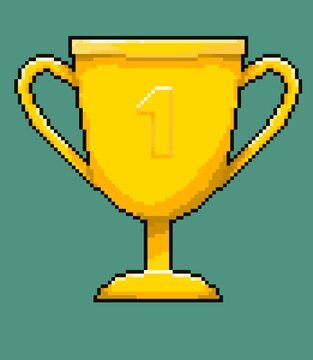 Golden First Trophy Cup Pixel Art: Nostalgic Vintage Design, Collectible Retro Art, Champion's Trophy, Victory Celebration, Shiny Gold Finish, Classic Gaming Aesthetic, Vintage Art Enthusiasts
