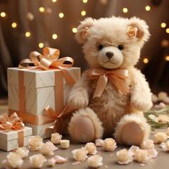 3D image of a teddy bear sitting next to some beautifully decorated gift boxes. All of them are collected and decorated for a celebration.
