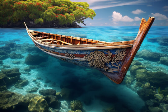 A wooden Polynesian canoe is anchored near a colorful coral reef, ready for an underwater adventure