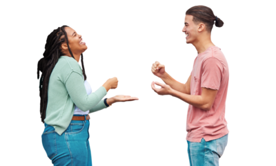 Happy, friends and game with rock, paper and scissors by hand for winner by play, strategy or challenge. Interracial couple, laugh and together on isolated or a transparent png background for fun