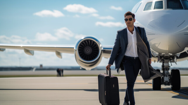 Man with luggage in the background of a private plane