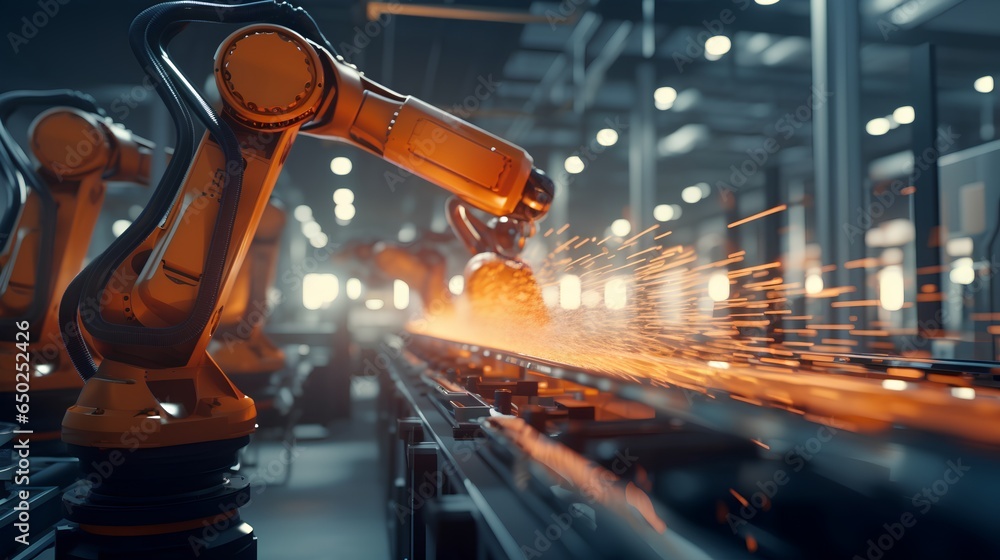 Poster the concept of a smart factory. an industrial machine robot arm in a factory setting. the robot arm,