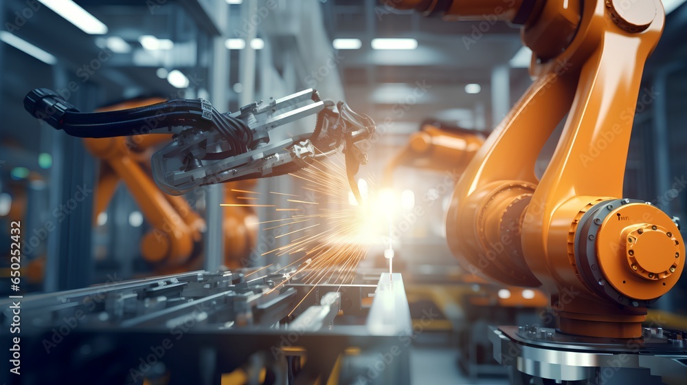 Poster the concept of a smart factory. an industrial machine robot arm in a factory setting. the robot arm,