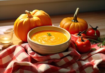 The bowl of pumpkin soup is on a piece of cloth - obrazy, fototapety, plakaty