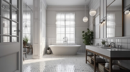 Fototapeta premium 3D Render White Bathroom Concept, Creating a Beautiful and Relaxing Clean Home: Design for the Bathroom Ideas and Resident's Relaxation in Day Light