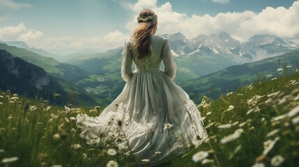 Mujer vestida de novia en un prado verde en la montaña
