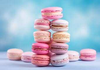 Fototapeta na wymiar Close up. Pastel colored macaroon cakes stacked on top of each other stand on a purple table, light blue background