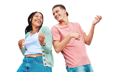 Friends, dance and air guitar for happy on isolated on a transparent png background, laughing and funny. Diverse, man and woman with music, comic and air guitar for crazy, comedy and love for freedom