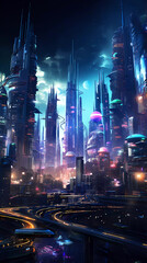Fototapeta na wymiar Cyberpunk Retro Futuristic City with Neon Lights