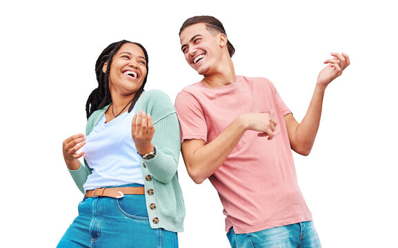 Friends, dance and air guitar for happy on isolated on a transparent png background, laughing and funny. Diverse, man and woman with music, comic and air guitar for crazy, comedy and love for freedom