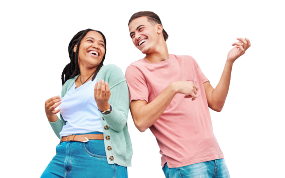 Friends, dance and air guitar for happy on isolated on a transparent png background, laughing and funny. Diverse, man and woman with music, comic and air guitar for crazy, comedy and love for freedom - Powered by Adobe