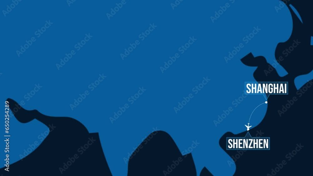 Poster shanghai to shenzhen 4k animation flight route, backdrop with world map and plane