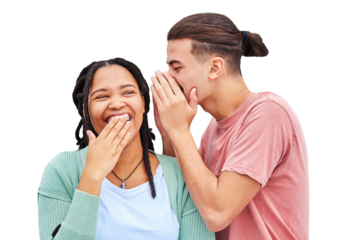 Secret, happy couple and whisper with a funny story, joke or information isolated on a png transparent background. Comic, laughing and man talking in woman ear for gossip, conversation or meme