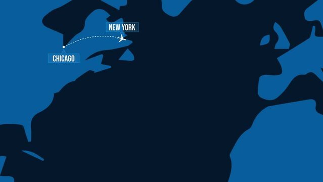 Chicago to New York flight route Animation 4K background with world map and plane