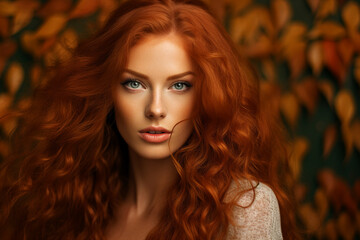 Fototapeta premium Generative Ai illustration of stunning woman surrounded by dry foliage autumn decorations background