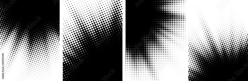 Poster set of black and white sunny rays gradient halftone dots backgrounds with space for text.
