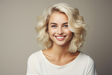 Naklejka premium Generative Ai portrait of young pretty woman natural beauty blond hairstyle on background