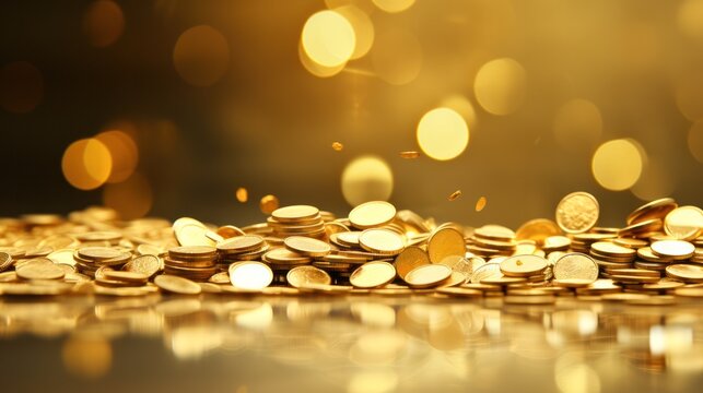 Bright background with falling gold coins, in light yellow and gold style. investment and profit. 