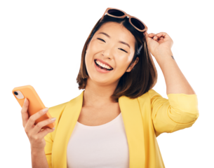 Happy woman, asian and phone in fashion for communication in studio isolated on a png transparent background. Portrait, person and smile for networking or stylish clothing on mobile smartphone app