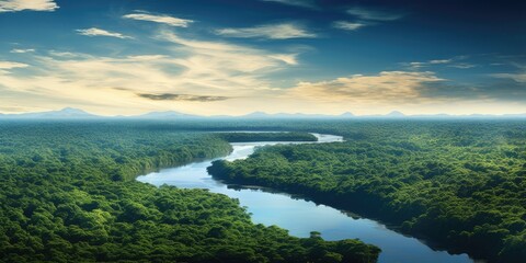 areal view of the vast amazon river and amazonian lush rain forest jungle. vast fantasy woods. 