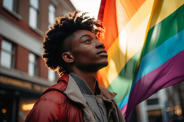 Generative AI picture of handsome smiling black skin guy queer at LGBT parade outdoor - Powered by Adobe