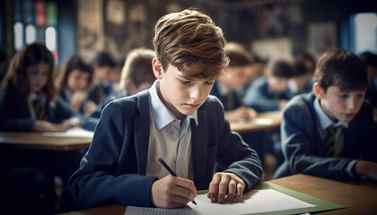Students in a classroom writing a test, focus on a boy in the foreground