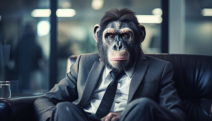 Chimpanzee in a grey business suit and serious look sits in a modern office