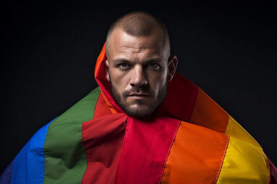 AI generative photography of young guy wrapped in colorful vibrant lgbtq+ flag isolated on dark background