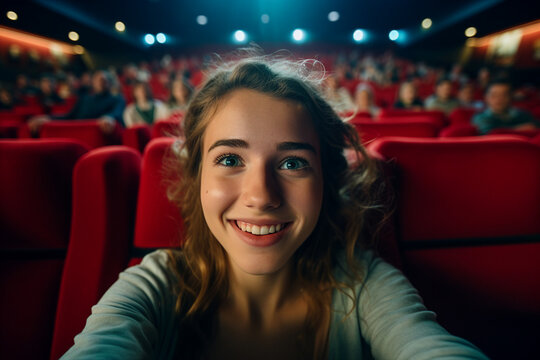 Generative AI picture of young pretty girl making selfies at cinema room seat