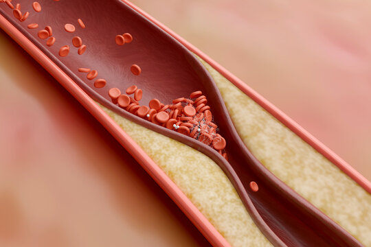 Coronary thrombosis, Blood clot inside a blood vessel of the heart. Coronary artery disease concept, 3D rendering.