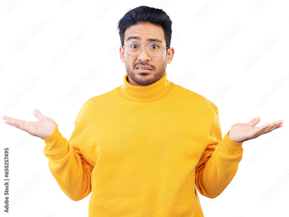 Poster man, portrait and confused or shrug, hands and question with doubt and face for decision. young asia