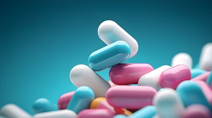 a pile of colorful pills on a blue background