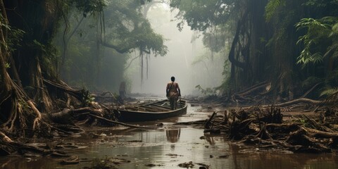 fishing in the river. river after a floor. deforestation clearing in a rain forest tropical forest. 