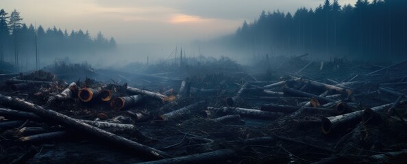 Cut down forest landscape. Barren and desolate. Carbon Emissions, Ecological Disaster Logging, cutting, wood harvest.