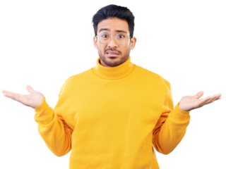 Man, portrait and confused or shrug, hands and question with doubt and face for decision. Young asian model, thinking and why for choice, asking and clueless isolated on transparent png background