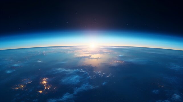 A breathtaking view of the sunrise as seen from the orbit of space, with the suns golden rays illuminating the curvature of the Earth against the vast, starstudded expanse of the cosmos.