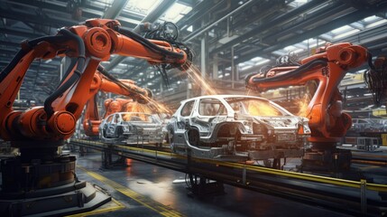 A robot arm car production line.