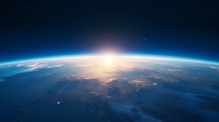 A breathtaking view of the sunrise as seen from the orbit of space, with the suns golden rays illuminating the curvature of the Earth against the vast, starstudded expanse of the cosmos. - obrazy, fototapety, plakaty