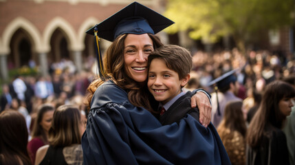 Happy smiling graduate hugs his parent after the graduation ceremony.