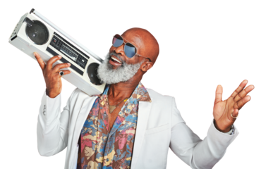Vintage, boombox and senior man with fashion, happy and stylish outfit isolated on a transparent background. African person, pensioner or model with speaker, music and retro clothes with png or smile