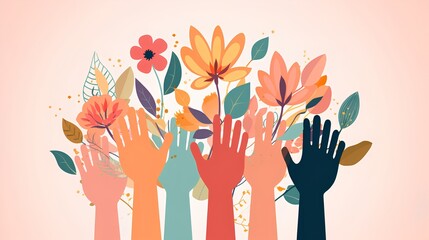 A vibrant, abstract illustration featuring a variety of diverse hands reaching upwards, intertwined with intricate floral elements, symbolizing unity, diversity, and nature.