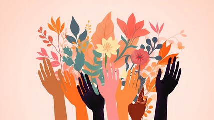 A vibrant, abstract illustration featuring a variety of diverse hands reaching upwards, intertwined with intricate floral elements, symbolizing unity, diversity, and nature.