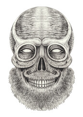 Surreal old man skull hand drawing on paper.
