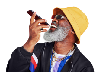 Phone call, smile and senior man with fashion, speaker and conversation isolated on a transparent background. African person, mature guy and model with a smartphone, stylish and png with connection
