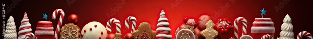 Wall mural Christmas panoramic banner background with Christmas sweets, cakes, decorations