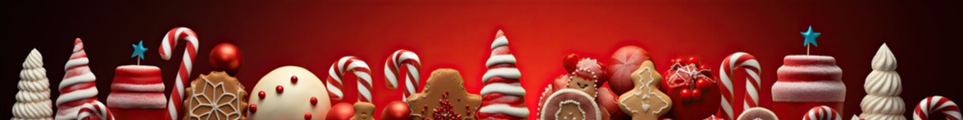 Christmas panoramic banner background with Christmas sweets, cakes, decorations